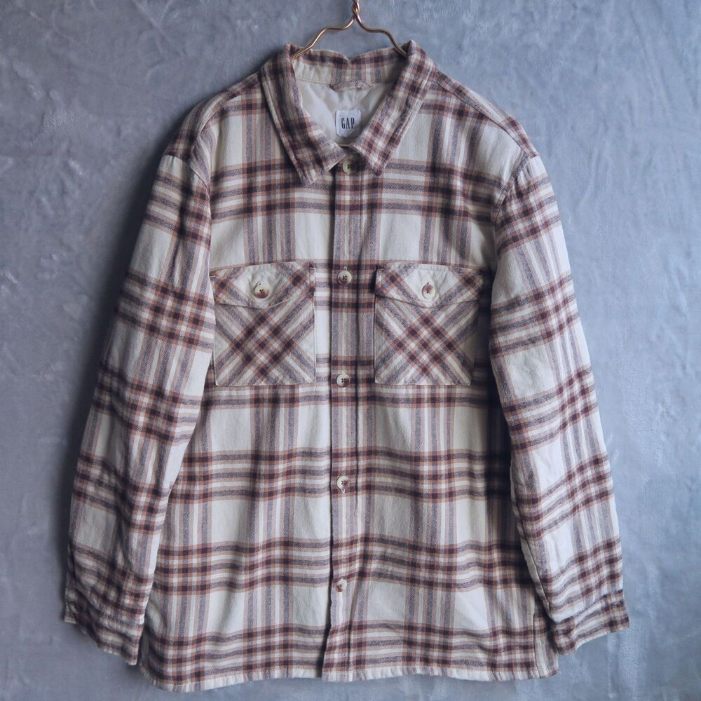 GAP FACTORY Cream Relaxed Flannel Shirt Jacket Size L Camel Hair Brown Quilted